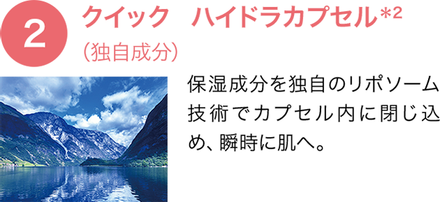 【2】クイック ハイドラカプセル*2(独自成分)保湿成分を独自のリポソーム技術でカプセル内に閉じ込め、瞬時に肌へ。