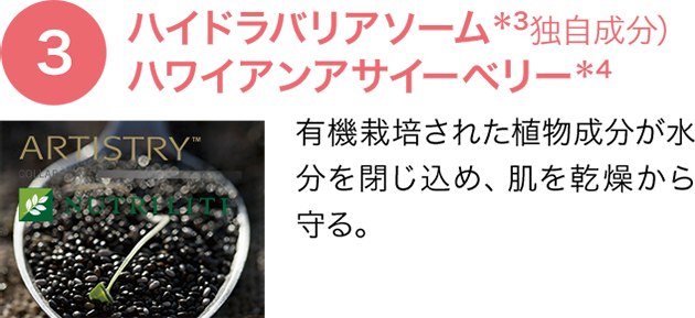 【3】ハイドラバリアソーム*3(独自成分)ハワイアンアサイーベリー*4、有機栽培された植物成分が水分を閉じ込め、肌を乾燥から守る。