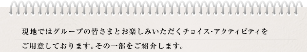 現地ではグループの皆さまとお楽しみいただくチョイス･アクティビティを
ご用意しております。その一部をご紹介します。